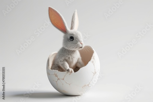 White bunny sitting inside a broken white egg. On light background. Banner with copy space. Ideal for Easter promotions or spring-themed content.