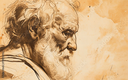 Drawing of a wise old man made with graphite and old paper (Generative AI)