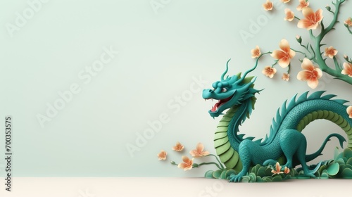 In a joyous celebration of Happy Chinese New Year, a vibrant Green Dragon dances through festive streets, symbolizing prosperity, good luck, lively spirit of traditional Lunar New Year festivities.