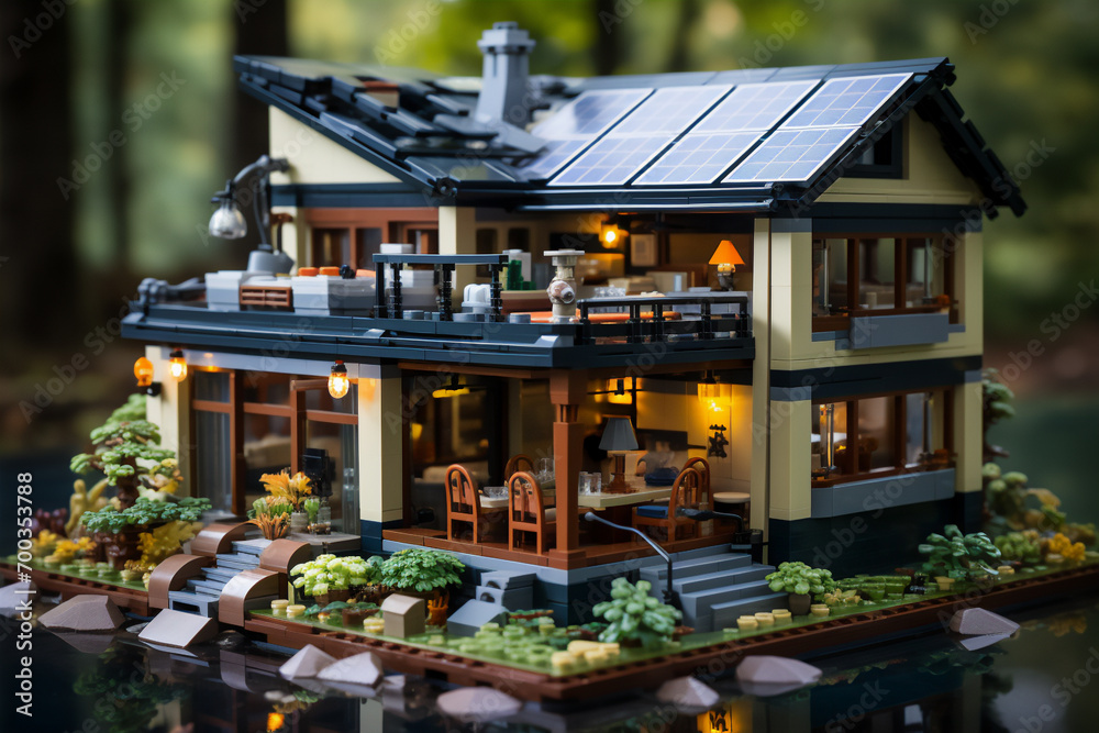 mockup from a children's construction set Residential building with solar photovoltaic panels to produce environmentally friendly electricity in a suburban rural area. Autonomous house concept