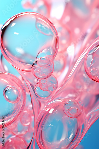 Many transparent bubbles blown from pink material on a blue background. Vertical illustration