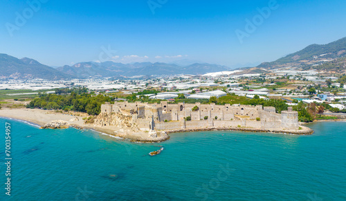 Fototapeta Naklejka Na Ścianę i Meble -  Aerial view of the Mamure Castle or Anamur Castle in Anamur Town, Turkey
