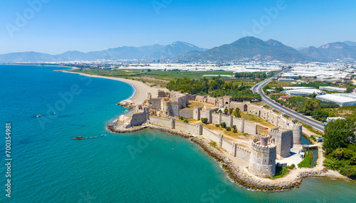 Fototapeta Naklejka Na Ścianę i Meble -  Aerial view of the Mamure Castle or Anamur Castle in Anamur Town, Turkey