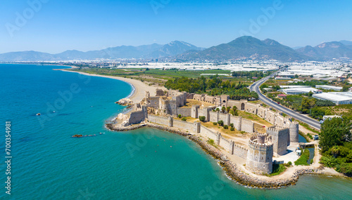 Aerial view of the Mamure Castle or Anamur Castle in Anamur Town, Turkey photo