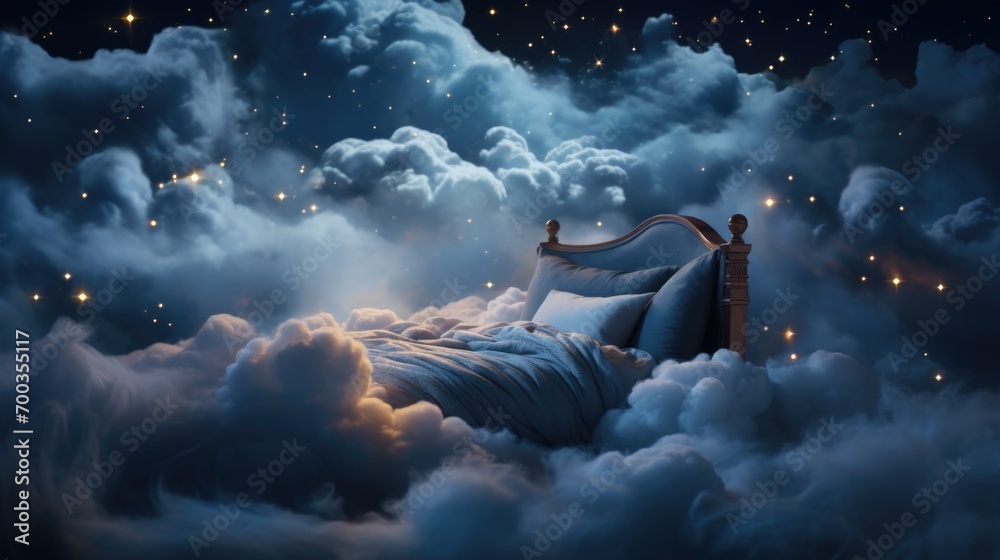 Amidst a gentle night sky, stars twinkle as a peaceful ambiance surrounds, inviting sweet dreams. Tranquil hues and a sense of calmness set the stage for a restful night's sleep - obrazy, fototapety, plakaty 