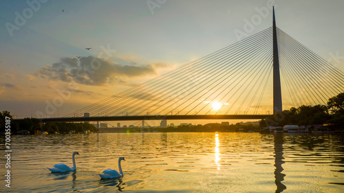 Most recent "Most na Adi" - literally Bridge over Ada / river island in Belgrade, Serbia; bridge is connecting Europe mainland with Balkans over river Sava