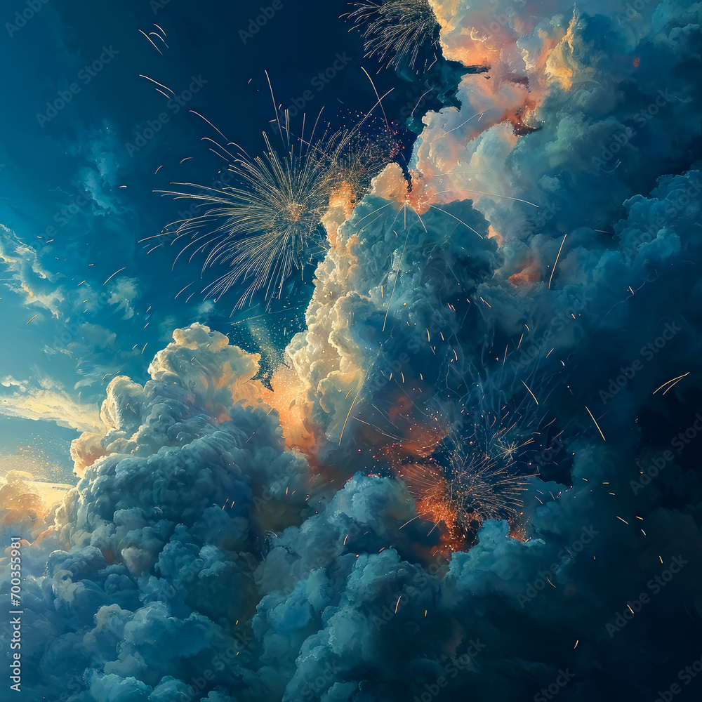 Dark blue sky with fireworks in the style of  surrealism, cloudscapes, light yellow and dark azure.  
