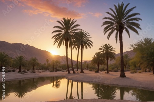 Desert oasis serene in the light of sunrise