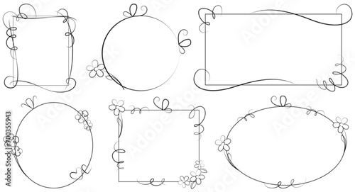 Set of elements, templates - cute vector sketch black and white contour frames with decorative hand-drawn elements, curls, flowers, stylized butterflies, and hearts. photo