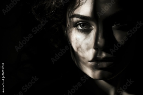 Portrait of a brunette woman in the dark with a captivating look and shadow play