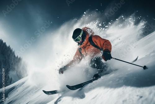 A skier hits the slopes, creating snowy splashes all around. Generative AI