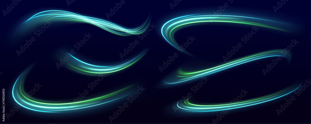 Futuristic dynamic motion technology. Neon color glowing lines background, high-speed light trails effect. Light and stripes moving fast over dark background. - obrazy, fototapety, plakaty 