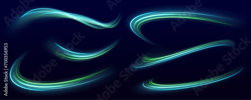 Futuristic dynamic motion technology. Neon color glowing lines background, high-speed light trails effect. Light and stripes moving fast over dark background. photo