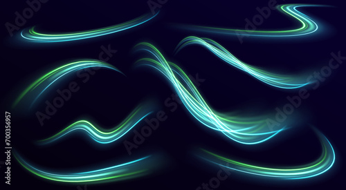 Neon color glowing lines background, high-speed light trails effect. Particle motion effect. Magic of moving fast lines. Vector illustration photo