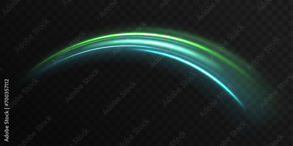 Magic green luminous glow design. Neon motion glowing wavy lines. Vector illustration.Neon swirl. Curve blue line light effect. Energy flow tunnel. Vector illustration - obrazy, fototapety, plakaty 