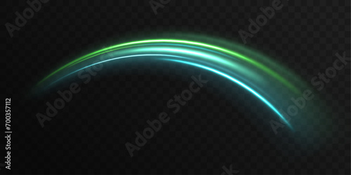 Magic green luminous glow design. Neon motion glowing wavy lines. Vector illustration.Neon swirl. Curve blue line light effect. Energy flow tunnel. Vector illustration