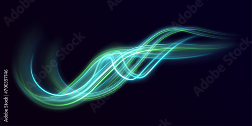 Abstract technology light lines background. Glitter green wave light effect. The effect of speed on a blue background. Bright sparkling background.