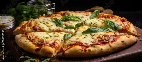 Italian pizza with melting cheese. Four cheese pizza with basil.