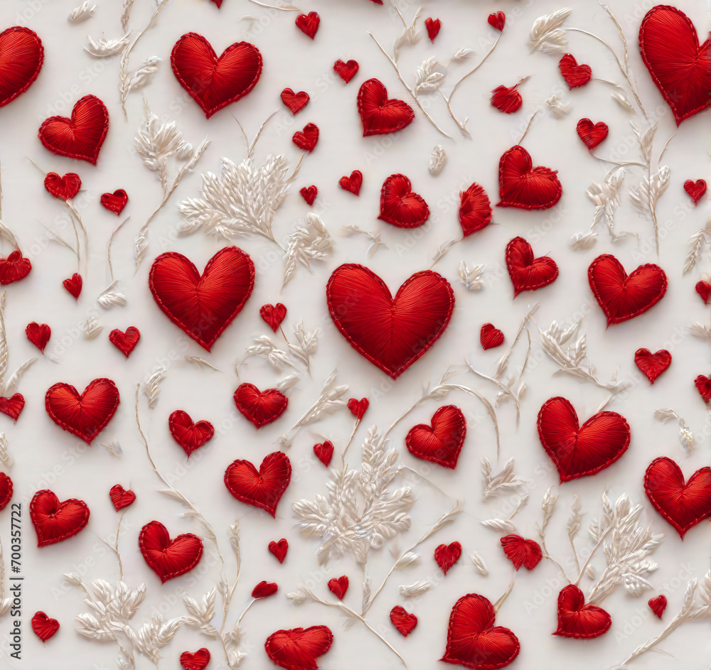 Beautiful embroidery red hearts seamless pattern design. Generative ai