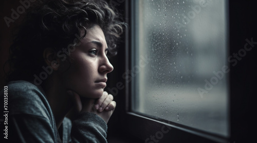 portrait of a person looking through a rainy window, sadness, depression, thinking 