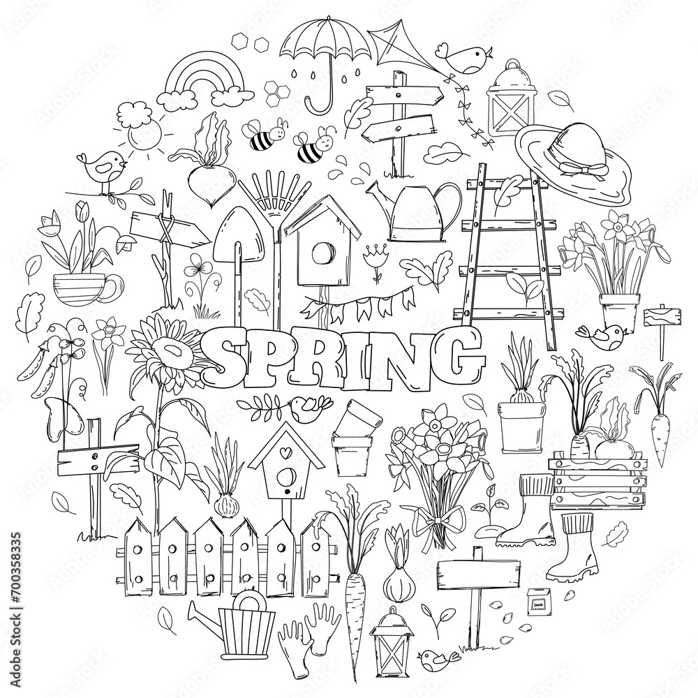 Hand-Drawn Vector Set Of Doodles Coloring Page antistressRelief On A Spring Theme, Featuring Flowers, Garden Tools, And Birdhouses, Serves As A Coloring Book