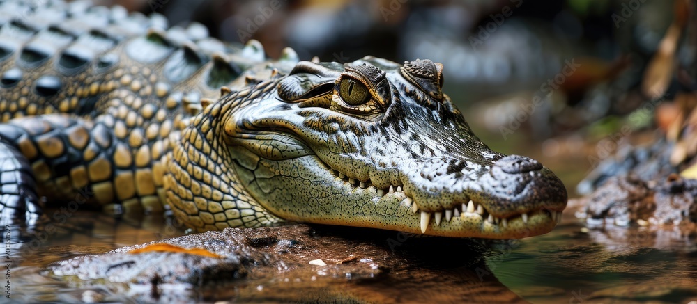 Obraz premium A young crocodile feasting in a watery habitat, among other toothy crocodiles.
