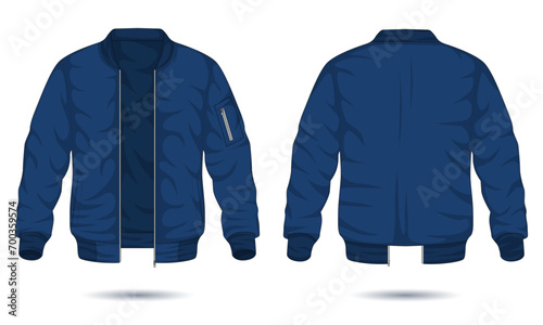 Casual blue bomber jacket template front and back view