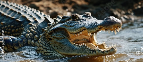 Crocodiles are aquatic reptiles that encompass Crocodylidae family species. photo