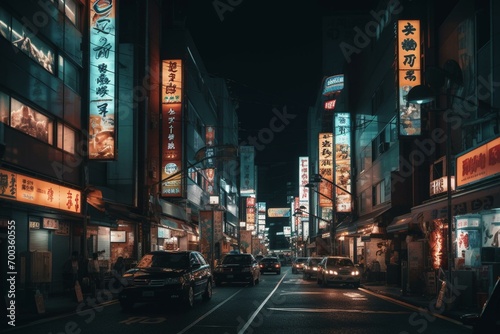 Nightlife in Tokyo with illuminated billboards in downtown. Generative AI © Elina