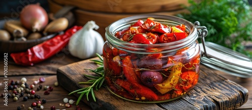 Preserved sausages with onion and red pepper. Marinated in a jar. photo