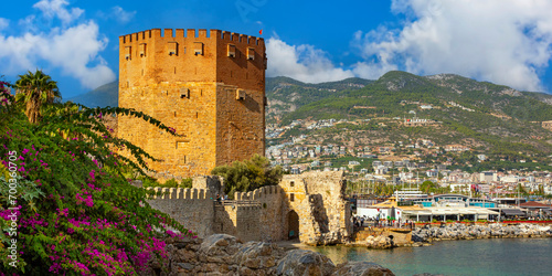 Ancient Red Tower Kizil Kule in port of Alanya, Turkey