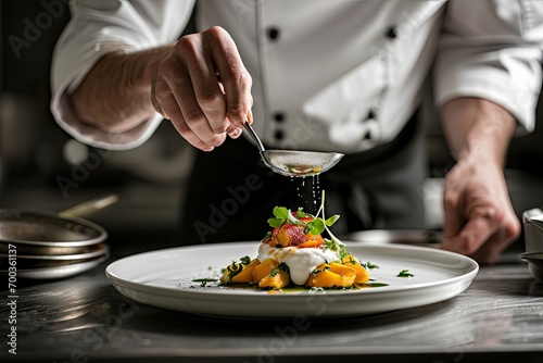 A chef preparing a delicious dish in a fine restaurant. photo