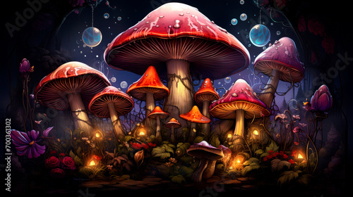 Multi-colored neon-glowing magic mushrooms