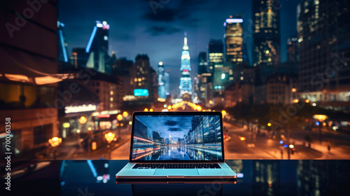 Laptop on table  illuminated city in the background