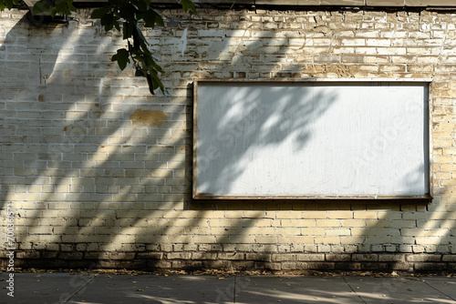 An Offset Blank White Billboard on a Brick Wall Beside a Sidewalk