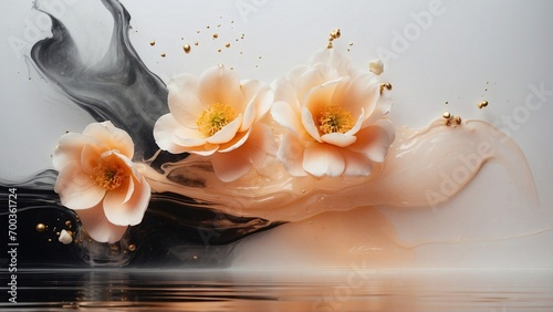 Abstract background using white, peach, gold, black gradient and flowers. Generative AI