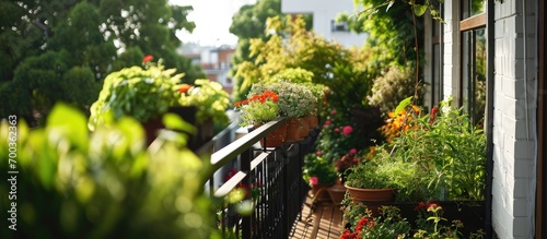 Balcony adorned with lush garden bed.