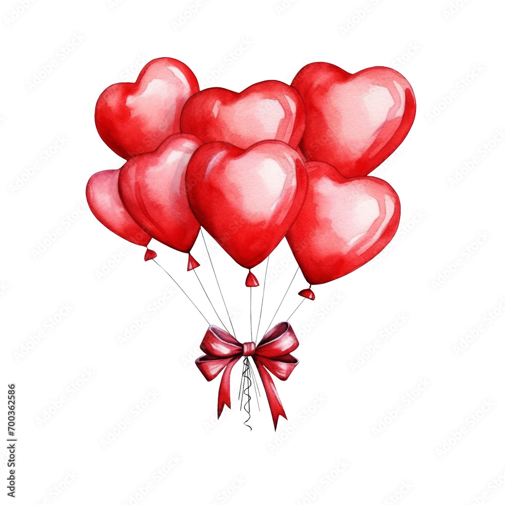 Watercolor Flying Balloons in the Shape of Heart Isolated on White and PNG Transparent Background