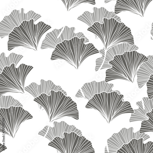 Seamless floral pattern with ginkgo biloba leaves. Art flowers on color background. Decorative sceleton leaf. Vector hand drawn illustration. Minimal linear style