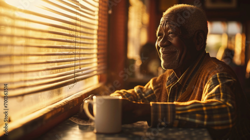 Older african-American male sitting in diner looking into Camera enjoying a cup of coffee during the early morning