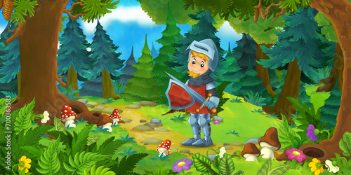 Fototapeta Naklejka Na Ścianę i Meble -  cartoon summer scene with path in the forest - nobody on scene knight prince illustration for children