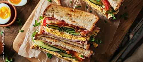 Top view of a club sandwich with various fillings including cheese, cucumber, tomato, ham, and eggs.