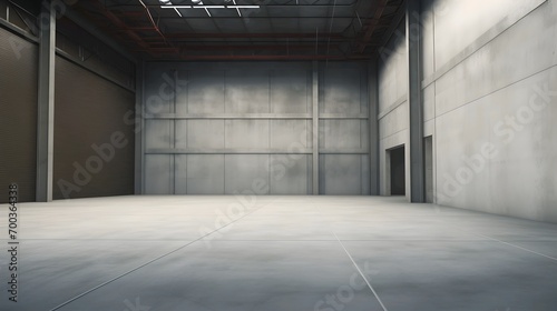Empty industrial warehouse interior with concrete floors and walls  ample space for storage or creative mockup.