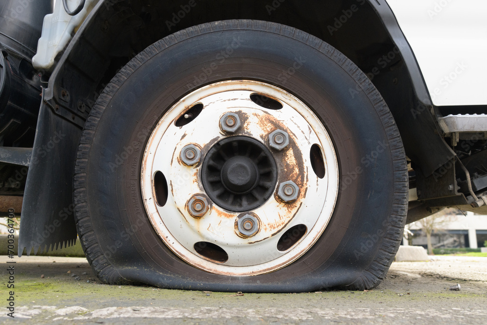 Flat truck tire on axel with rust on wheel hub with deflated tire on ground