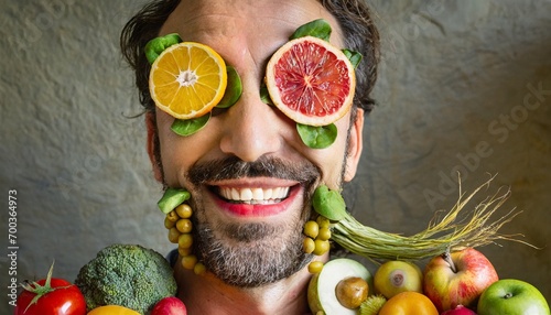Fun image of an offbeat portrait of a man with an expressive face with fruits and vegetables around him.
