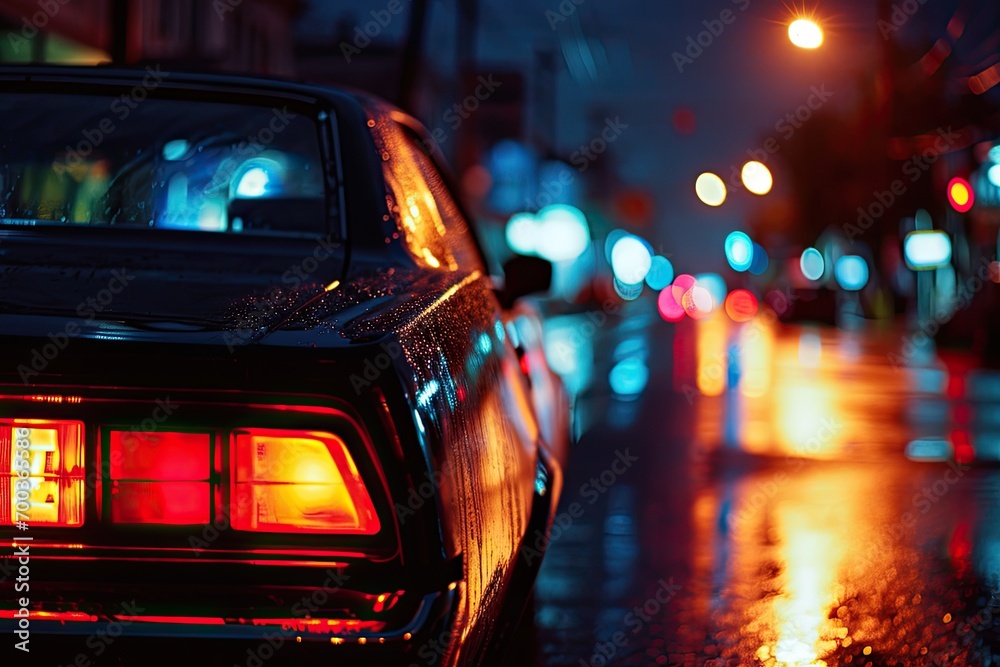 The rear view of a car on the road at night in the city The rear view of a car on the road at night in the city
