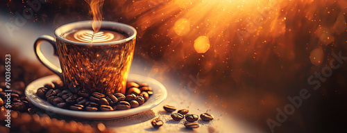A close-up of a steaming cup of coffee surrounded by roasted beans, capturing the essence of a fresh brew. Rich aroma of freshly ground coffee.