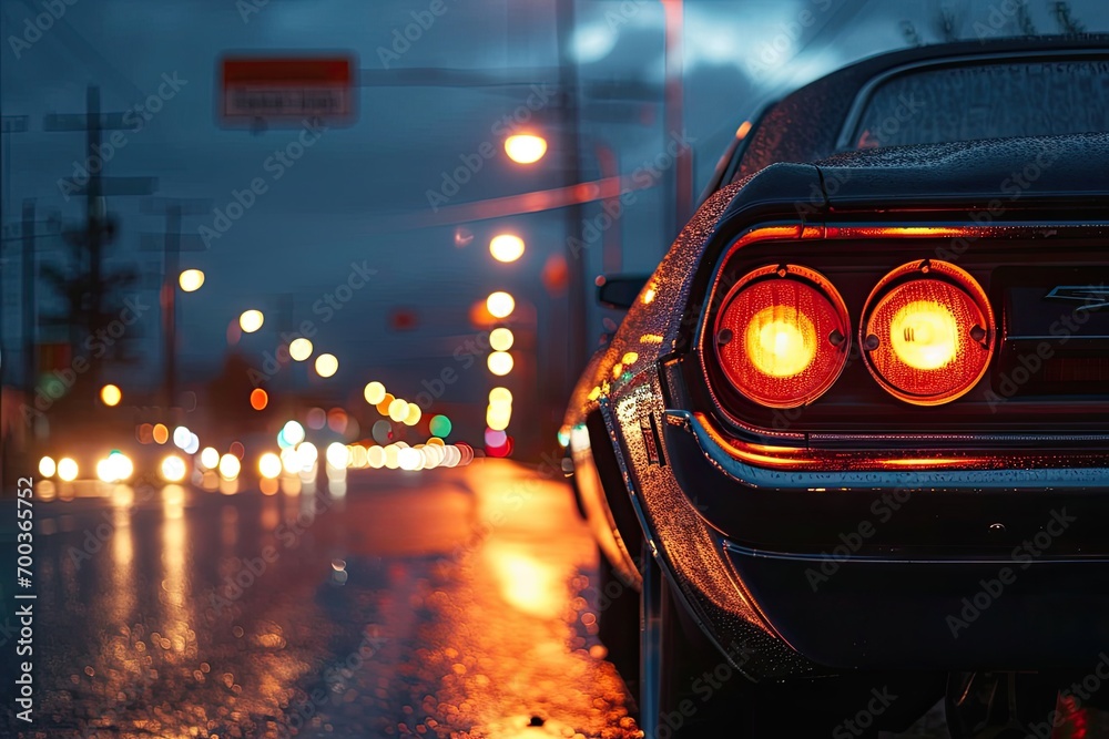 The rear view of a vehicle traveling through the city at night