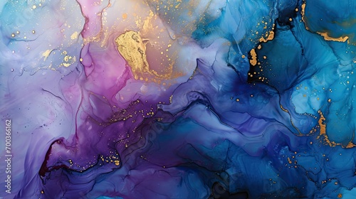 Abstract painting of blue and violet liquid with gold decoration