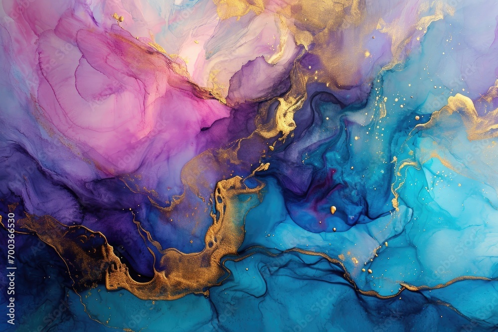 Abstract blue and violet liquid painting with gold accents